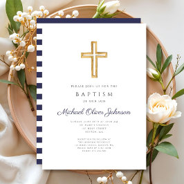 Marineblauw Schrift Religieus Kruis Jongens Doop Kaart