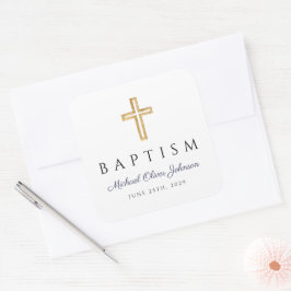 Marineblauw Schrift Religieus Kruis Jongens Doop Vierkante Sticker