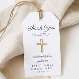 Marineblauw Schrift Religieuze Jongen Eerste Commu Cadeaulabel