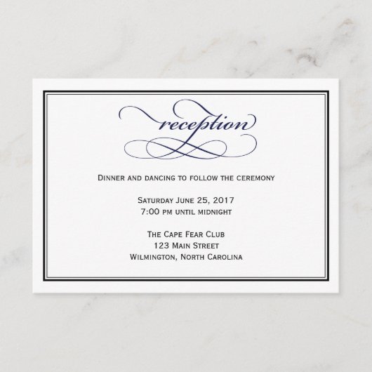 Marineblauw Script Bruiloft Receptie Details Kaart (Voorkant)