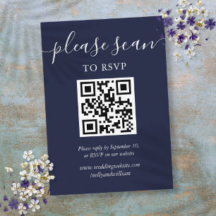 Marineblauw Script Bruiloft RSVP QR Code Informatiekaartje