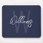 Marineblauw Script Gepersonaliseerd Monogram en Na Muismat (Voorkant)