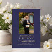 Marineblauw Scriptie Foto Jongen Eerste Heilige Co Folie Uitnodiging