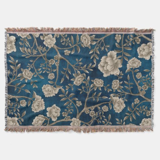  marineblauw Sepia Chinoiserie Greenery Deken (Voorkant)