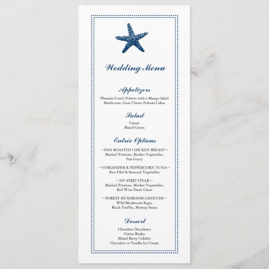 Marineblauw sierlijke zeesterren bruiloft Menu (Voorkant)