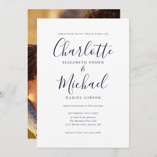 Marineblauw Signature Script Foto Bruiloft Kaart (Voorkant / Achterkant)