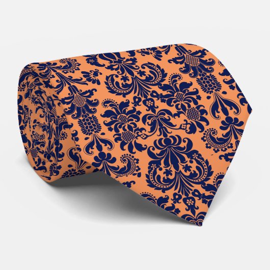Marineblauw & Sinaasappel Bloemen Damaskers Patroo Stropdas (Opgerold)