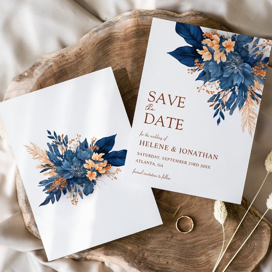 Marineblauw Sinaasappel Bloemen Elegant Bruiloft Save The Date