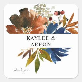 Marineblauw, Sinaasappel, & Bruin Bloemen Dank u 2 Vierkante Sticker