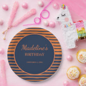 Marineblauw Sinaasappel Gestreept Verjaardagsfeest Papieren Bordje (Feest)