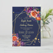 Marineblauw sinaasappel paarse rozen bruiloft sjab kaart (Staand voorkant)