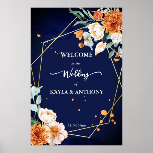 Marineblauw sinaasappel salie bloemen welkomstbord poster (Voorkant)