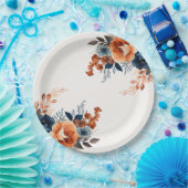 Marineblauw Sinaasappel Waterverf Bloemen Papieren Bordje (Feest)