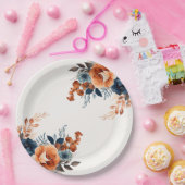 Marineblauw Sinaasappel Waterverf Bloemen Papieren Bordje (Feest)