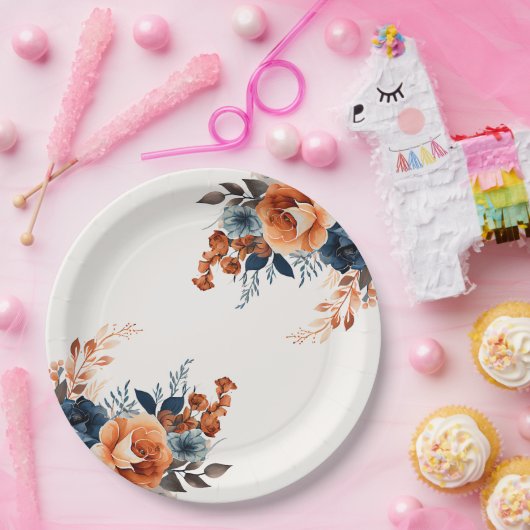 Marineblauw Sinaasappel Waterverf Bloemen Papieren Bordje (Feest)