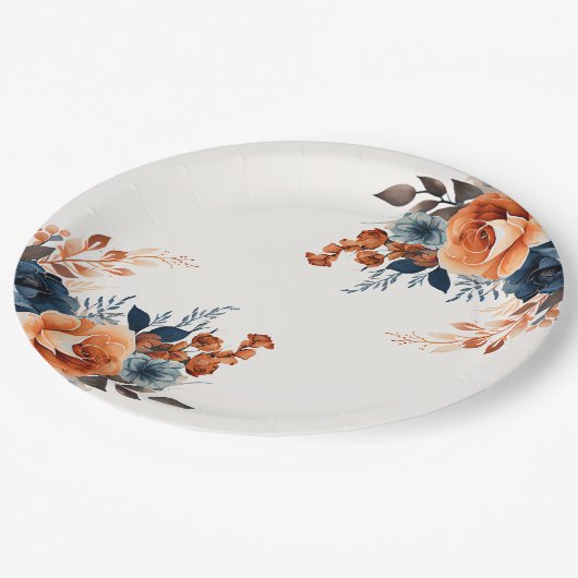 Marineblauw Sinaasappel Waterverf Bloemen Papieren Bordje (Gekanteld)