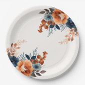 Marineblauw Sinaasappel Waterverf Bloemen Papieren Bordje (Voorkant)