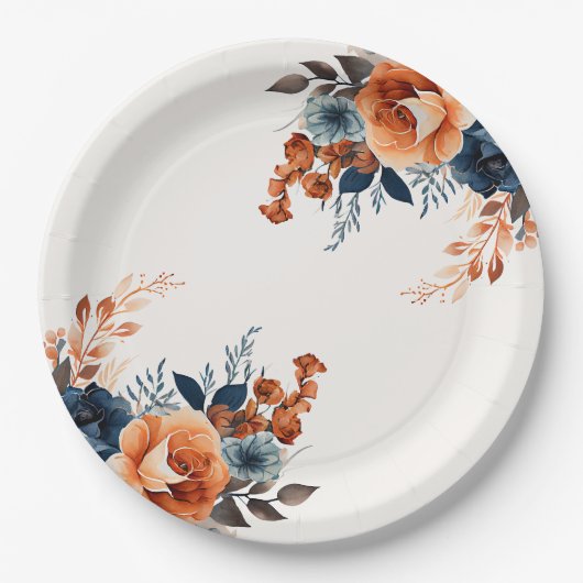 Marineblauw Sinaasappel Waterverf Bloemen Papieren Bordje (Voorkant)