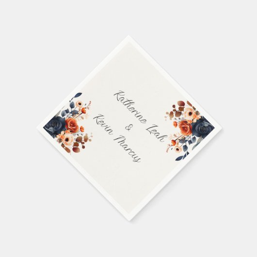 Marineblauw Sinaasappel Waterverf Bloemen Servet (Hoek)