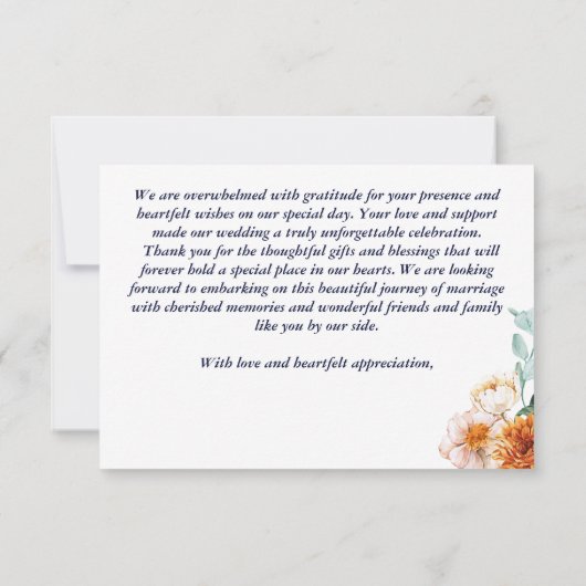 Marineblauw sinaasappel wit rozen bruiloft bedankkaart (Achterkant)