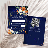 Marineblauw sinaasappel wit rozen bruiloft RSVP