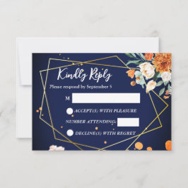 Marineblauw sinaasappel wit rozen bruiloft RSVP