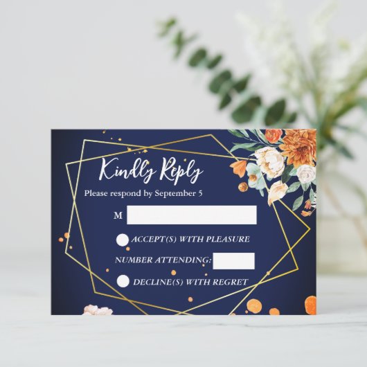 Marineblauw sinaasappel wit rozen bruiloft RSVP (Staand voorkant)