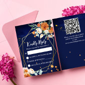 Marineblauw sinaasappel wit rozen bruiloft RSVP Kaartje