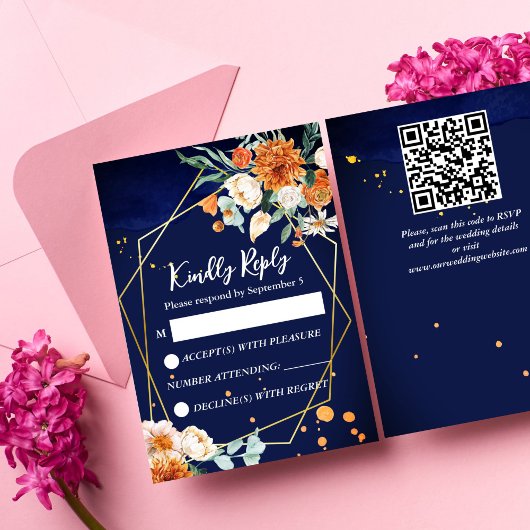 Marineblauw sinaasappel wit rozen bruiloft RSVP Kaartje