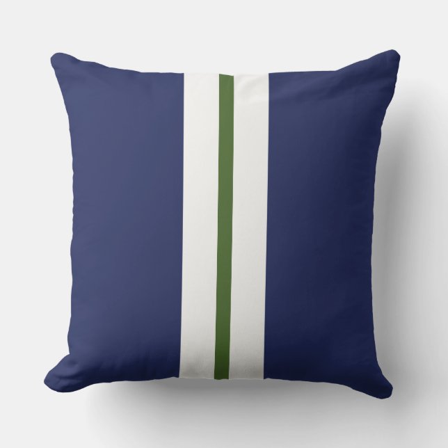 Marineblauw Slim Forest Groen Wit Racing Stripes Buitenkussen (Voorkant)