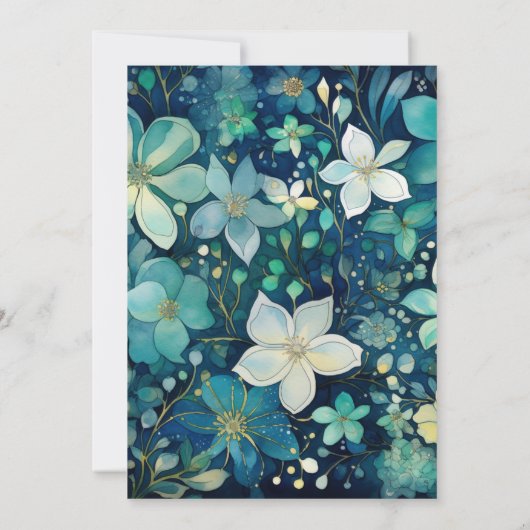 Marineblauw, Smaragdgroen en Zilveren Bloemenbruil Kaart (Achterkant)