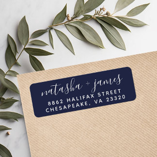 Marineblauw Stijlvol Script Bruiloft Retouradres Etiket