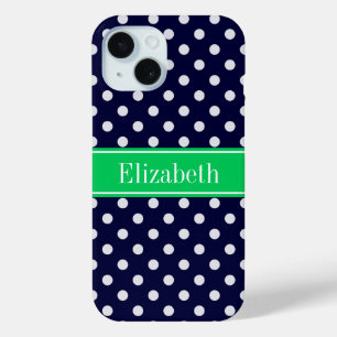 Marineblauw Stippen Emeraldgroene Naam Initiaal iPhone 15 Case