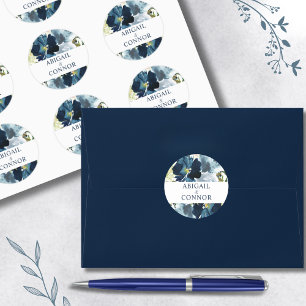 Marineblauw & Stofblauw Elegante Bloemige Waterver Ronde Sticker
