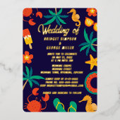 marineblauw strand kust zomer bruiloft folie uitnodiging (Voorkant)