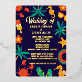 marineblauw strand kust zomer bruiloft folie uitnodiging