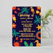 marineblauw strand kust zomer bruiloft folie uitnodiging (Staand Voorkant)