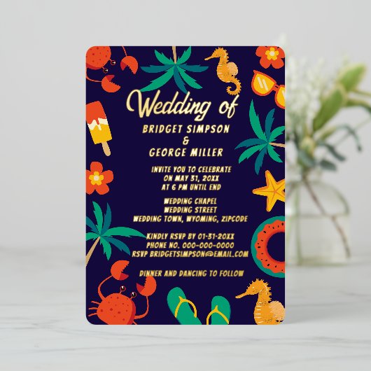 marineblauw strand kust zomer bruiloft folie uitnodiging (Staand Voorkant)