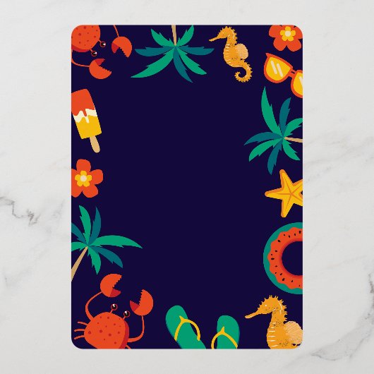 marineblauw strand kust zomer bruiloft folie uitnodiging (Achterkant)