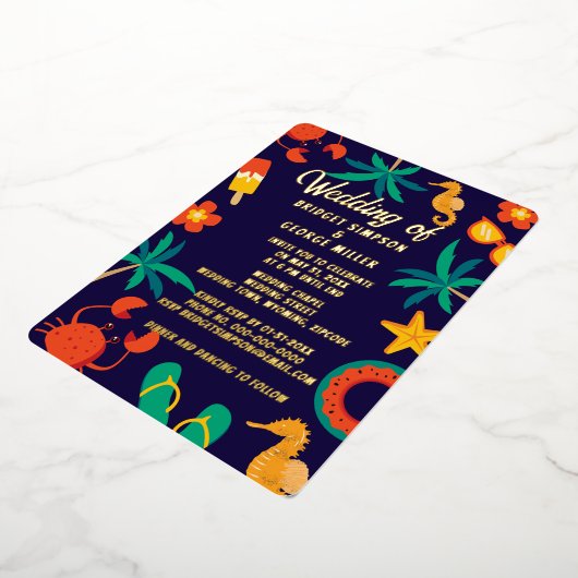 marineblauw strand kust zomer bruiloft folie uitnodiging (Gedraaid)