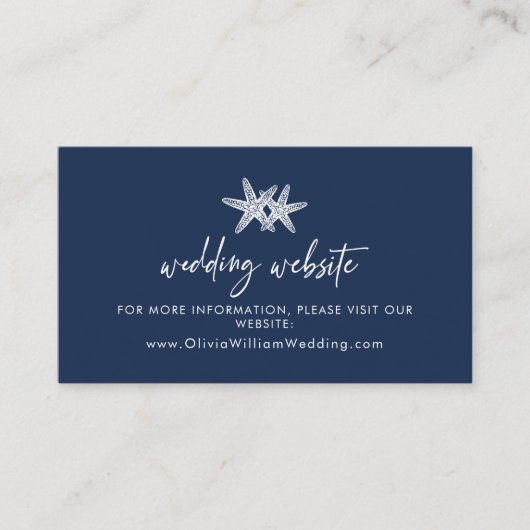 Marineblauw strand zeesterren bruiloft website informatiekaartje (Voorkant)