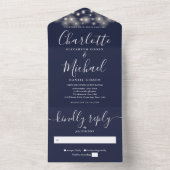 Marineblauw String Lights Modern Script Bruiloft All In One Uitnodiging (Binnen)