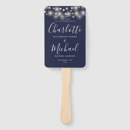 Marineblauw String Lights Script Huwelijksprogramm Handwaaier (Voorkant)