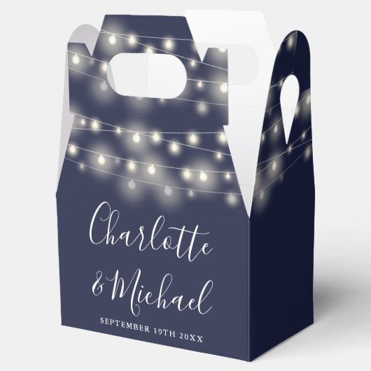 Marineblauw String Lights Signature Script Bruilof Bedankdoosjes (Geopend)