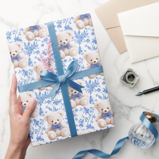 Marineblauw teddybeer baby shower inpakpapier (Geschenken)