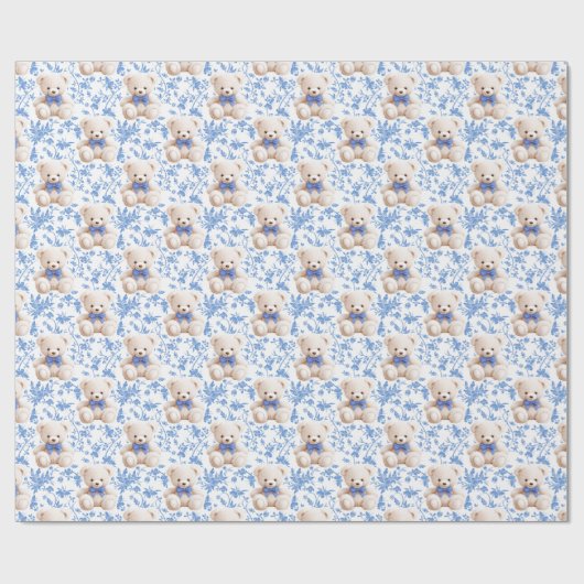 Marineblauw teddybeer baby shower inpakpapier (Vlak)