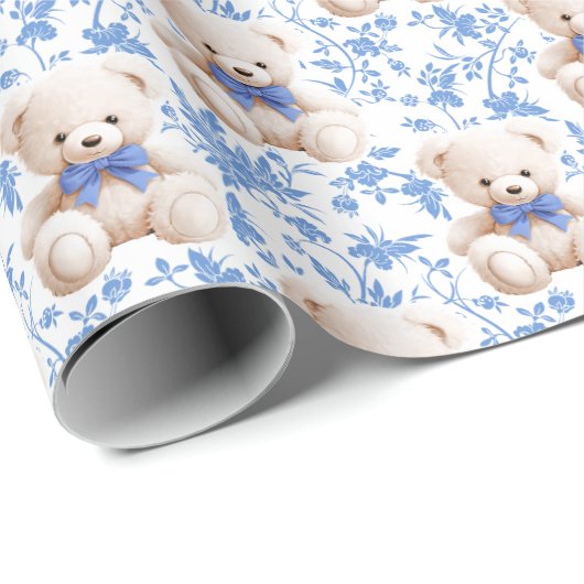 Marineblauw teddybeer baby shower inpakpapier (Rol Hoek)