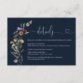 Marineblauw Tiny Wildflower bruiloft details Informatiekaartje (Voorkant)