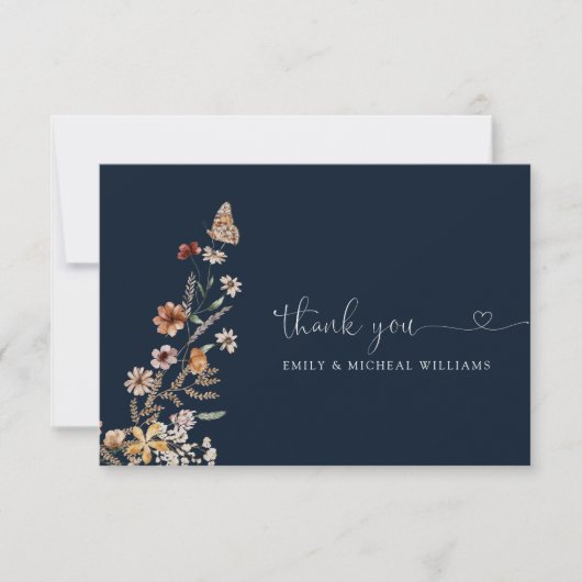 Marineblauw Tiny Wildflower Bruiloft Flat Bedankkaart (Voorkant)