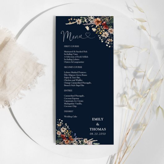 Marineblauw Tiny Wildflower Bruiloft Menu